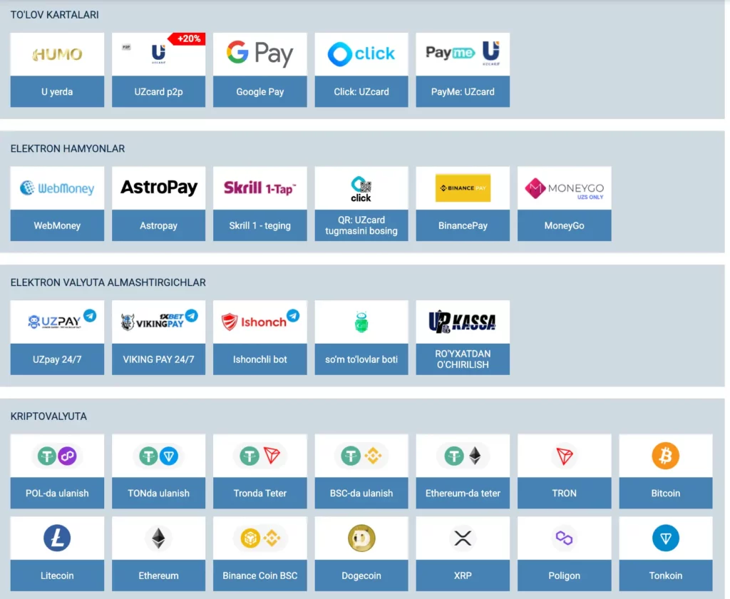 1xBet O‘zbekiston depozit kiritish interfeysi — UZcard, HUMO va kripto depozit variantlari ko‘rsatilgan.