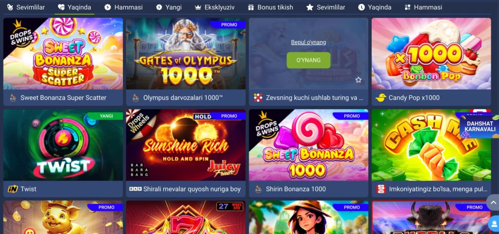 1xBet Oʻzbekiston kazino sahifasida crash o‘yinlar, slotlar va stol oʻyinlari aks etgan skrinshot