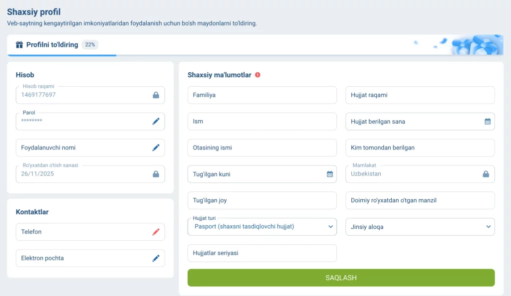 1xBet O‘zbekiston KYC formasi — shaxsiy va pasport ma’lumotlari bilan pul yechish uchun skrinshot