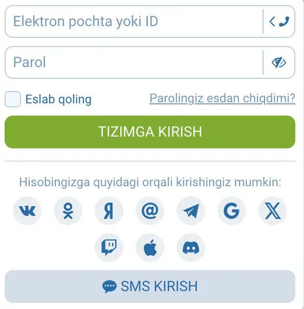 1xBet O‘zbekiston login shaklining skrinshoti — elektron pochta, telefon va ijtimoiy tarmoqlar orqali kirish variantlari ko‘rsatilgan.