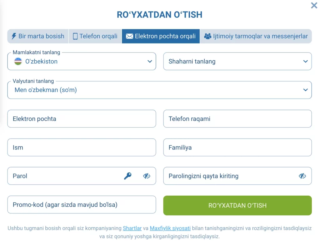 1xBet uzbekcha kazino ro‘yxatdan o‘tish shaklining skrinshoti – mahalliy o‘yinchilar uchun elektron pochta va telefon orqali ro‘yxatdan o‘tish variantlari ko‘rsatilgan.
