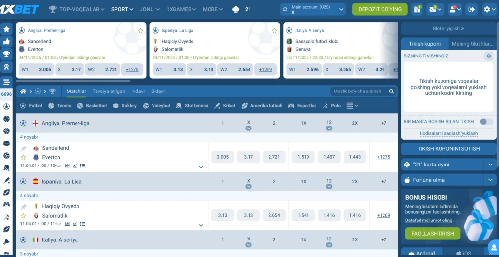 1xBet Uzbekistan sportga tikish platformasining skrinshoti (futbol, tennis va jonli koeffitsiyentlar bilan)