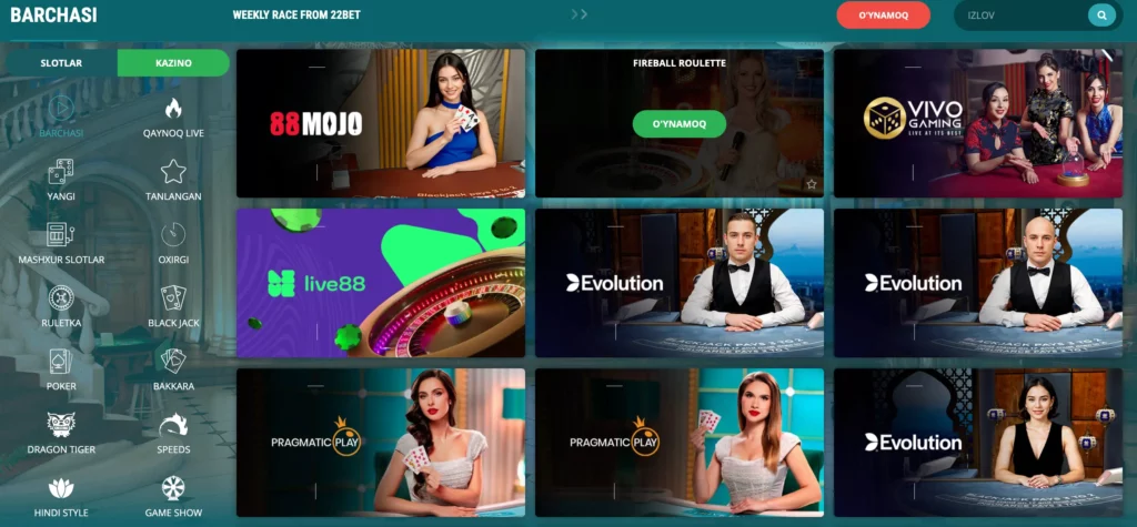 Mahalliy til interfeysiga ega 22Bet O‘zbekiston kazino o‘yinlari lobbisi skrinshoti, unda slotlar, crash o‘yinlari va jonli dilerlar ko‘rsatilgan.