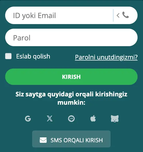 O‘zbek tilidagi 22Bet Kazino O‘zbekiston login shakli — elektron pochta, telefon raqami, SMS va ijtimoiy tarmoqlar orqali kirish usullari ko‘rsatilgan skrinshot.