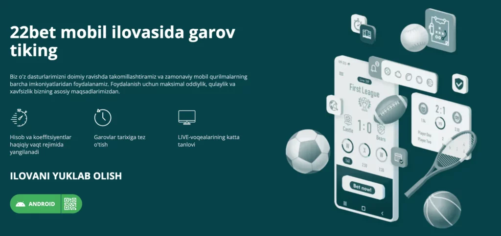 Mahalliy til interfeysida 22Bet O‘zbekiston mobil ilovasi skrinshoti, unda jonli tikishlar, koeffitsiyentlar va kazino bo‘limiga kirish ko‘rsatilgan.

