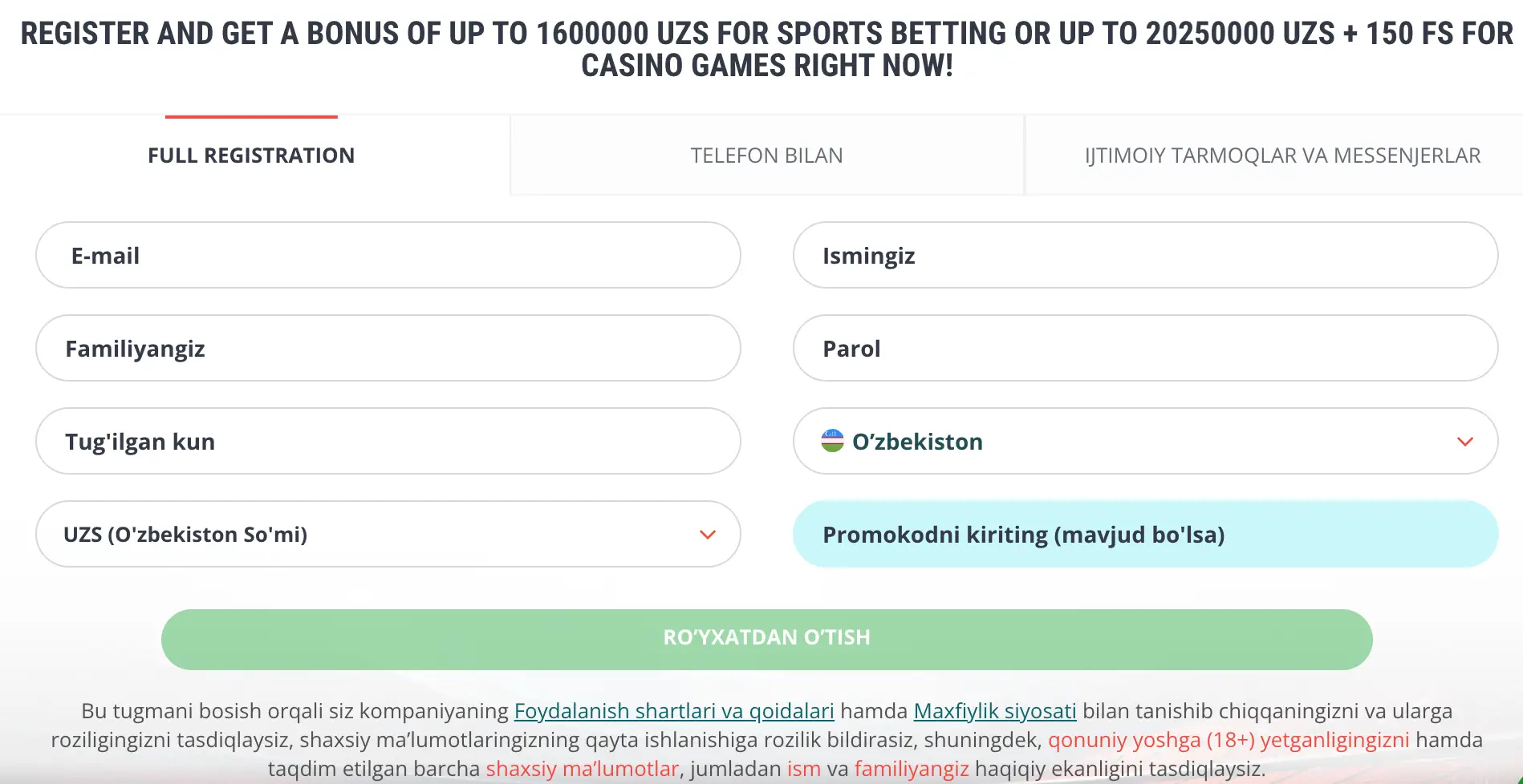 O‘zbek tilidagi 22Bet Casino O‘zbekiston ro‘yxatdan o‘tish formasi – telefon va elektron pochta usullari.
