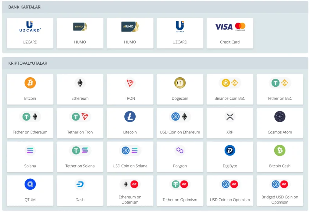 O‘zbek tilida UZCARD, HUMO va kriptovalyuta usullari ko‘rsatilgan 22Bet O‘zbekiston to‘lov usullari skrinshoti.