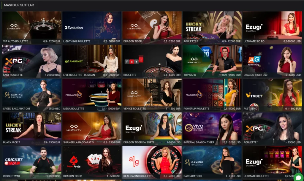 O‘zbek o‘yinchilari uchun slotlar, jonli kazino va crash o‘yinlari ko‘rsatilgan 888Starz kazino o‘yinlar lobbi skrinshoti.