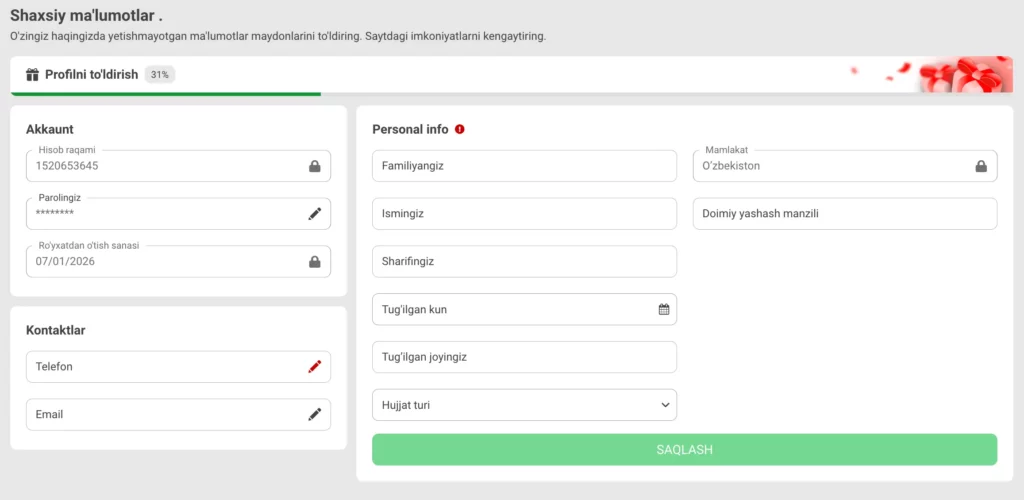 To‘liq hisobni tasdiqlash uchun talab etiladigan shaxsiy ma’lumotlar maydonlari ko‘rsatilgan 888Starz O‘zbekiston KYC profil formasi skrinshoti 