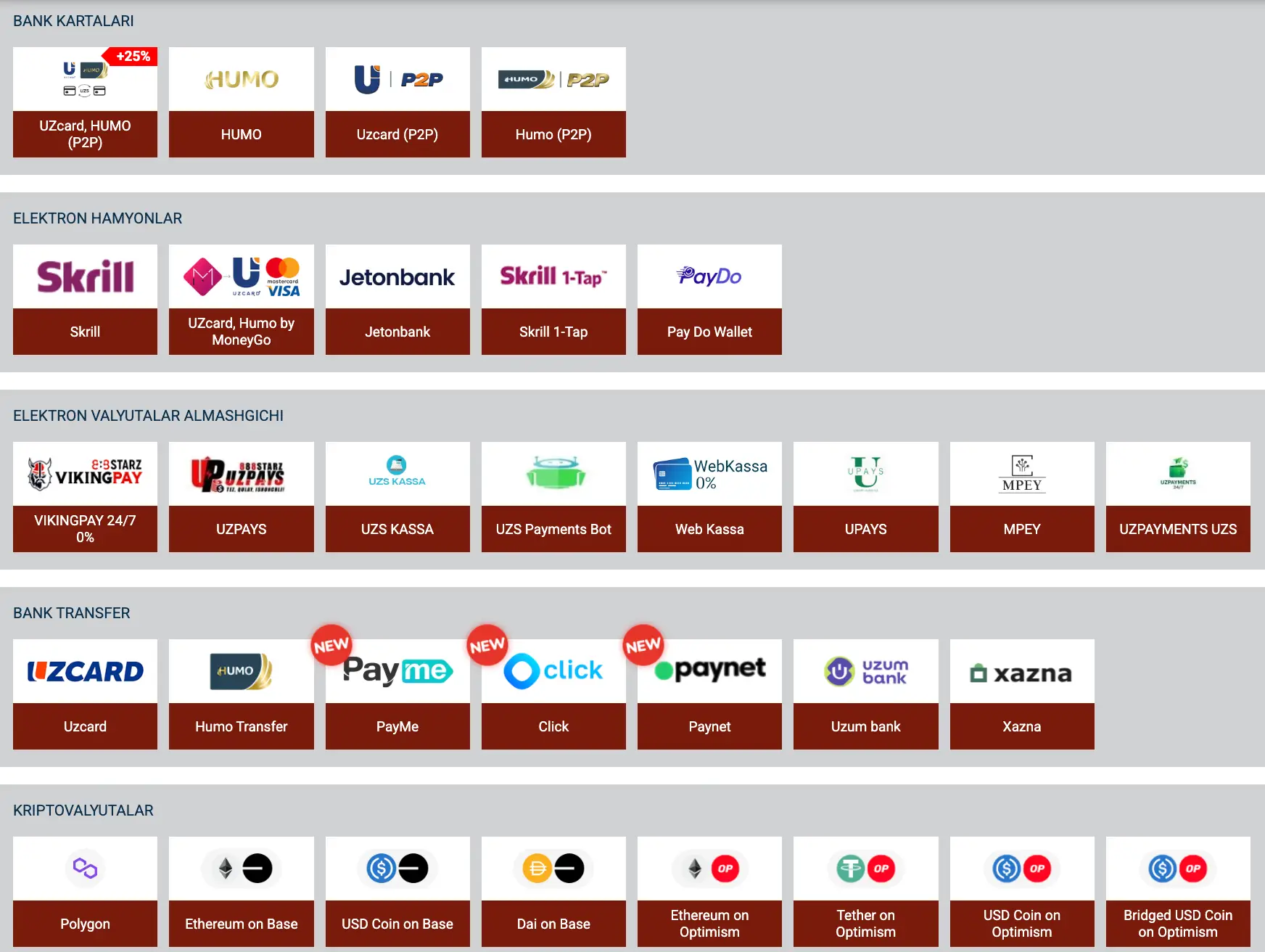 O‘zbekistonda 888Starz to‘lov usullari — mahalliy bank kartalari, kriptovalyutalar va elektron hamyonlar aks etgan skrinshot.