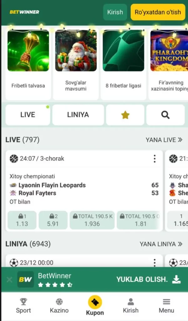 O‘zbek tilida jonli sport garovlari ko‘rsatilgan Betwinner mobil versiyasi