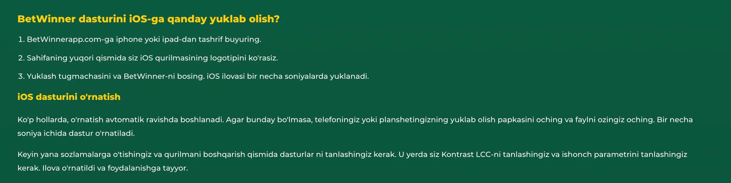 O‘zbekistondagi iPhone foydalanuvchilari uchun Betwinner iOS ilovasini yuklab olish bo‘yicha ko‘rsatmalar
