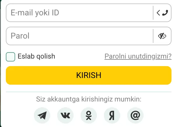 BetWinner O‘zbekiston login sahifasi – elektron pochta, telefon va ijtimoiy tarmoqlar orqali kirish usullari hamda parolni tiklash tugmasi ko‘rsatilgan.