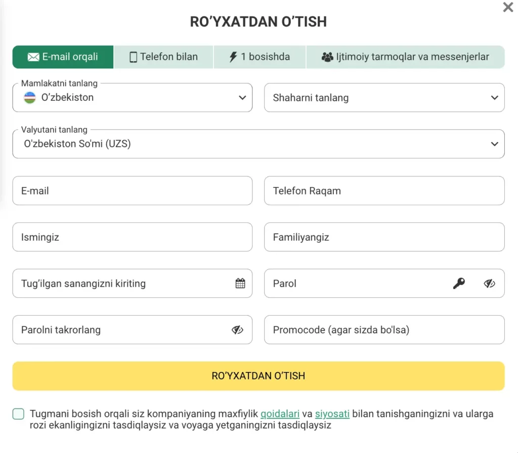 BetWinner O‘zbekiston kazino ro‘yxatdan o‘tish sahifasi – telefon, email, 1-bosish va ijtimoiy tarmoq orqali ro‘yxatdan o‘tish variantlari keltirilgan.