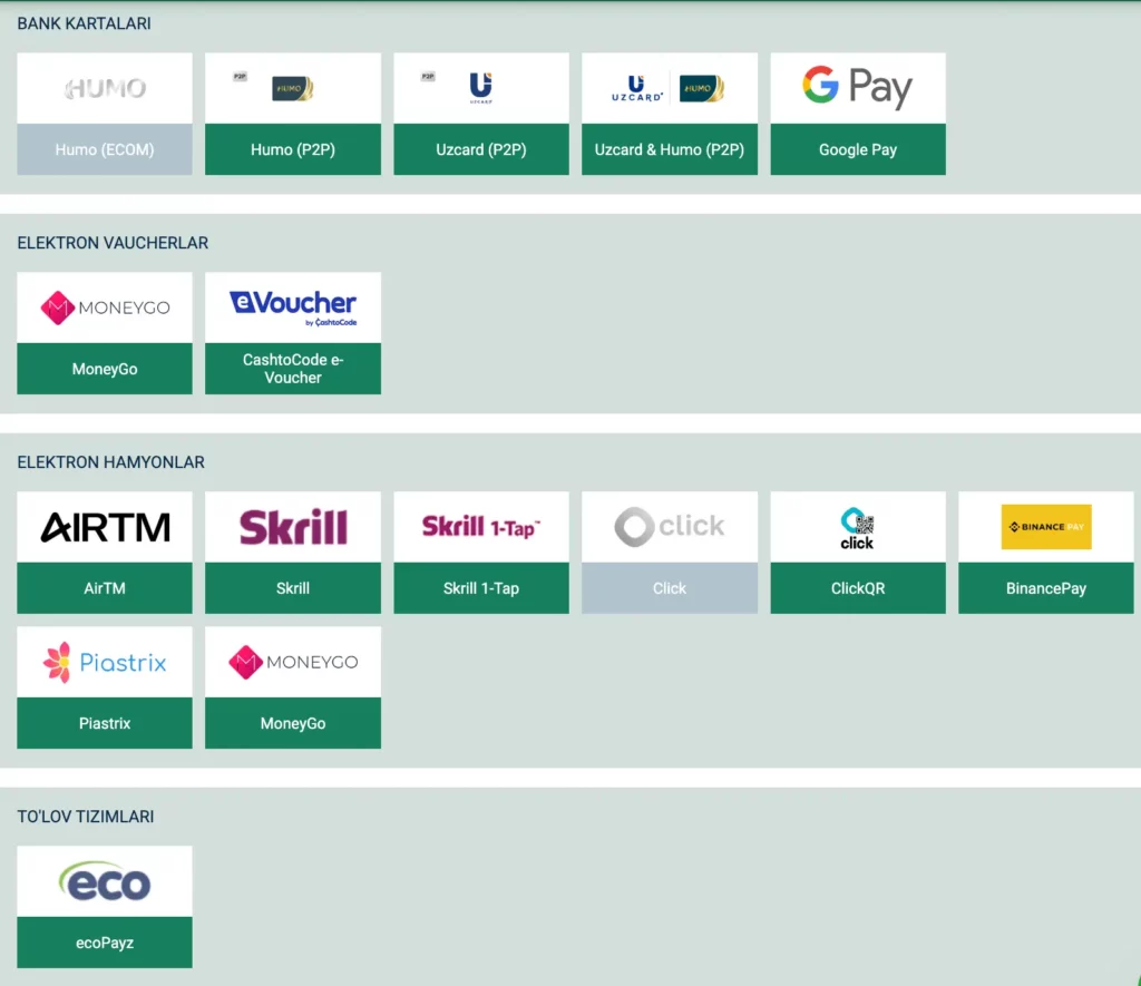 BetWinner O‘zbekiston depozit sahifasining skrinshoti, unda mahalliy to‘lov usullari va kriptovalyuta tokenlari uchun minimal depozit miqdorlari ko‘rsatilgan