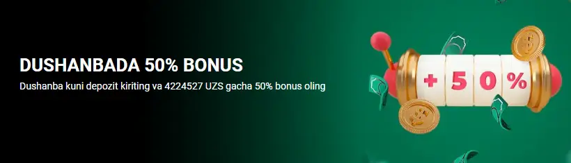BetWinner O‘zbekiston 50% dushanba kungi qayta yuklash kazino bonusining tikish shartlari keltirilgan skrinshot, mahalliy tilida.