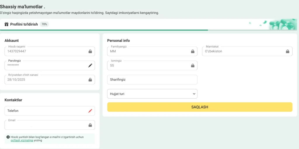 BetWinner O‘zbekiston KYC formasi skrinshoti, unda ism, manzil, ID hujjat maydonlari hamda telefon va email tasdiqlash opsiyalari ko‘rsatilgan.
