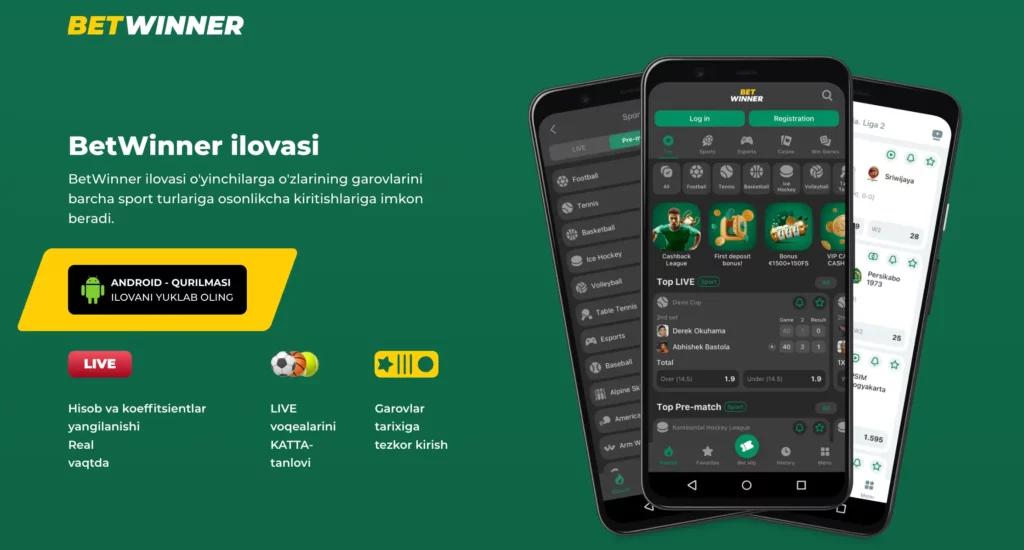 BetWinner O‘zbekiston mobil kazino ilovasi bosh sahifasi — Android va iOS yuklab olish variantlari o‘zbek tilida ko‘rsatilgan.