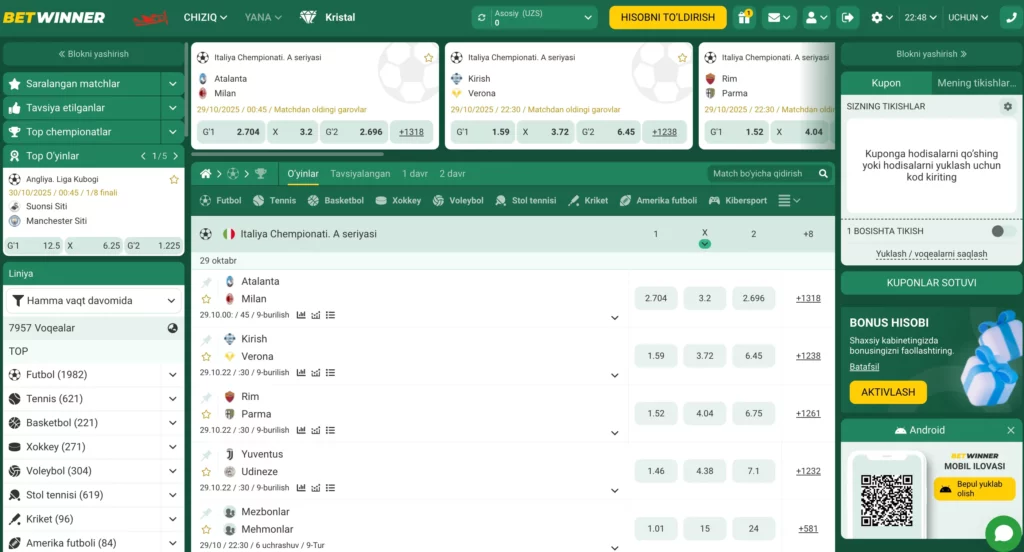 BetWinner Oʻzbekiston sport tikish boʻlimi sahifasining skrinshoti, unda futbol, jonli stavkalar va akkumulyator opsiyalari mahalliy tilda koʻrsatilgan.