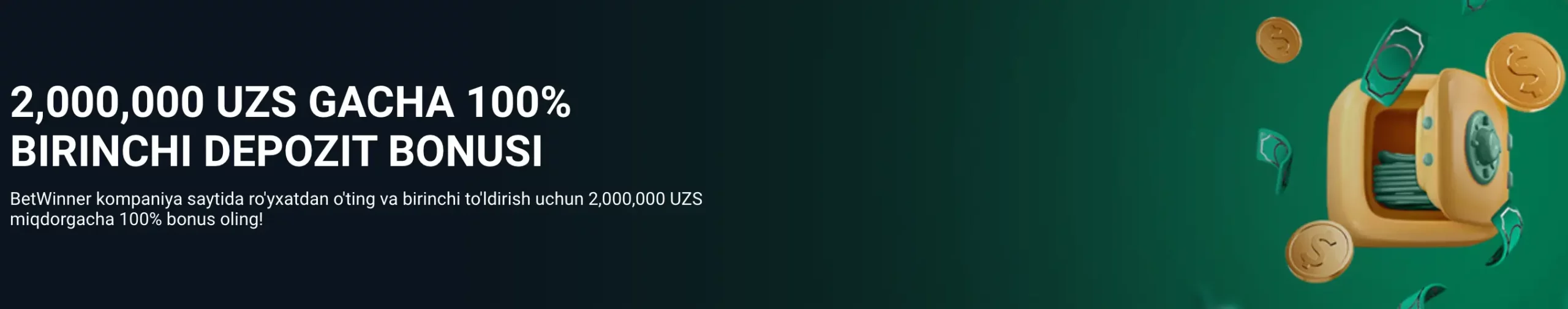 BetWinner Uzbekistan sport xush kelibsiz bonusining birinchi depozitga 100% moslashuvini 2 000 000 UZS gacha ko‘rsatgan skrinshot, mahalliy tilida.