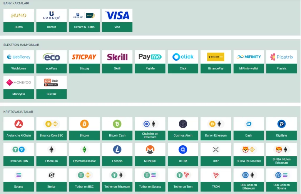BetWinner O‘zbekiston pul yechish sahifasining skrinshoti, unda mahalliy bank kartalari, elektron hamyonlar va kriptovalyuta opsiyalari ko‘rsatilgan.