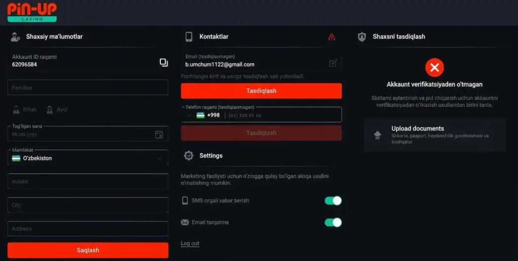 O‘zbekiston o‘yinchilari uchun shaxsiy ma’lumotlar formasi va hujjat yuklash variantlari ko‘rsatilgan Pin Up Kazino KYC tekshiruv bo‘limining skrinshoti.