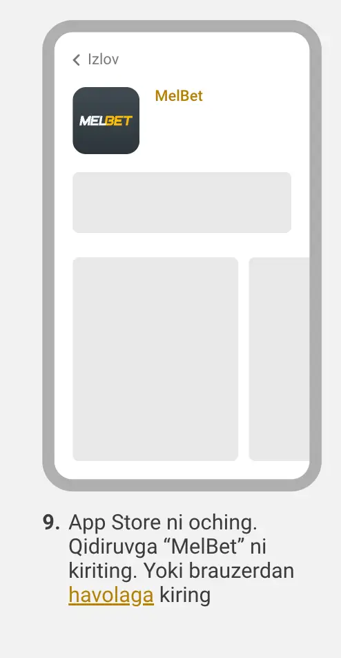 iOS App Store qidiruv sahifasi, O‘zbekiston foydalanuvchilari uchun Melbet Casino ilovasi ko‘rsatilgan.