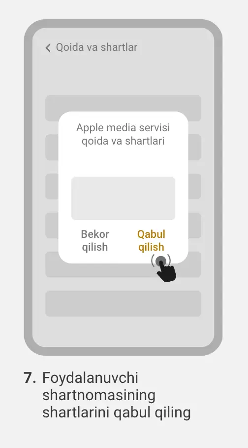 iPhone ekrani, Apple Media Services shartlari va “Qabul qilish” tugmasi ajratib ko‘rsatilgan.
