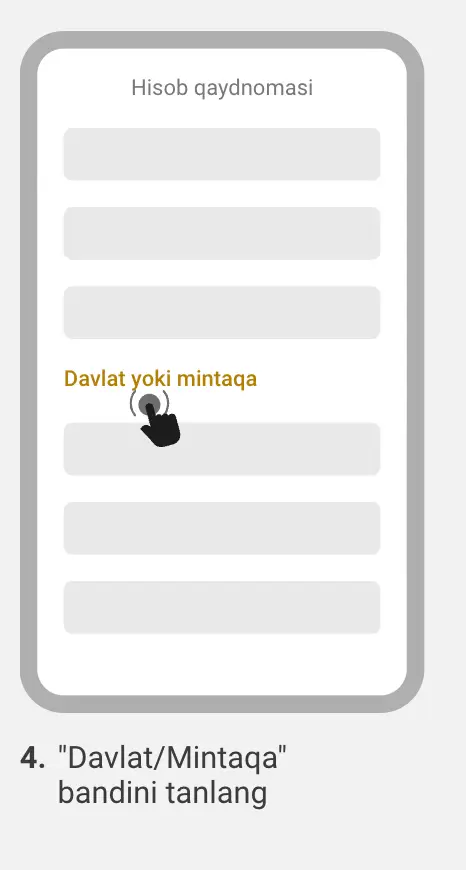 iPhoneda Apple ID sozlamalari sahifasida “Country/Region” opsiyasi mintaqani o‘zgartirish uchun ajratib ko‘rsatilgan.