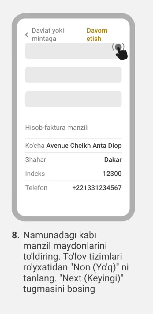  iOS billing manzil sahifasi, yangi Apple ID mintaqasi uchun namunaviy maydonlar to‘ldirilgan.