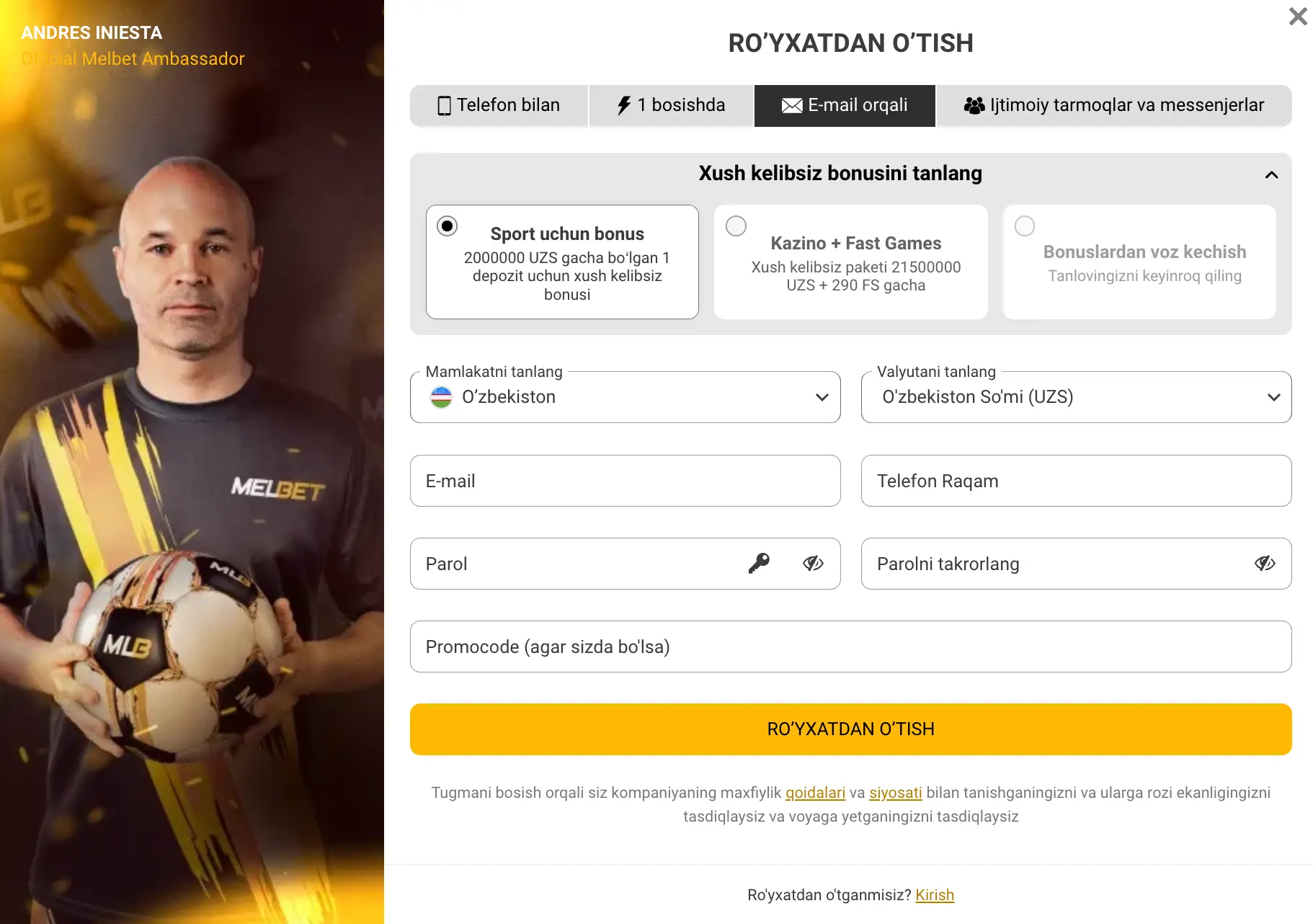 Melbet kazino O‘zbekiston ro‘yxatdan o‘tish shakli skrinsheoti — mahalliy tilga mos ravishda telefon, email, bir marta bosish va ijtimoiy tarmoqlar orqali ro‘yxatdan o‘tish variantlari bilan.