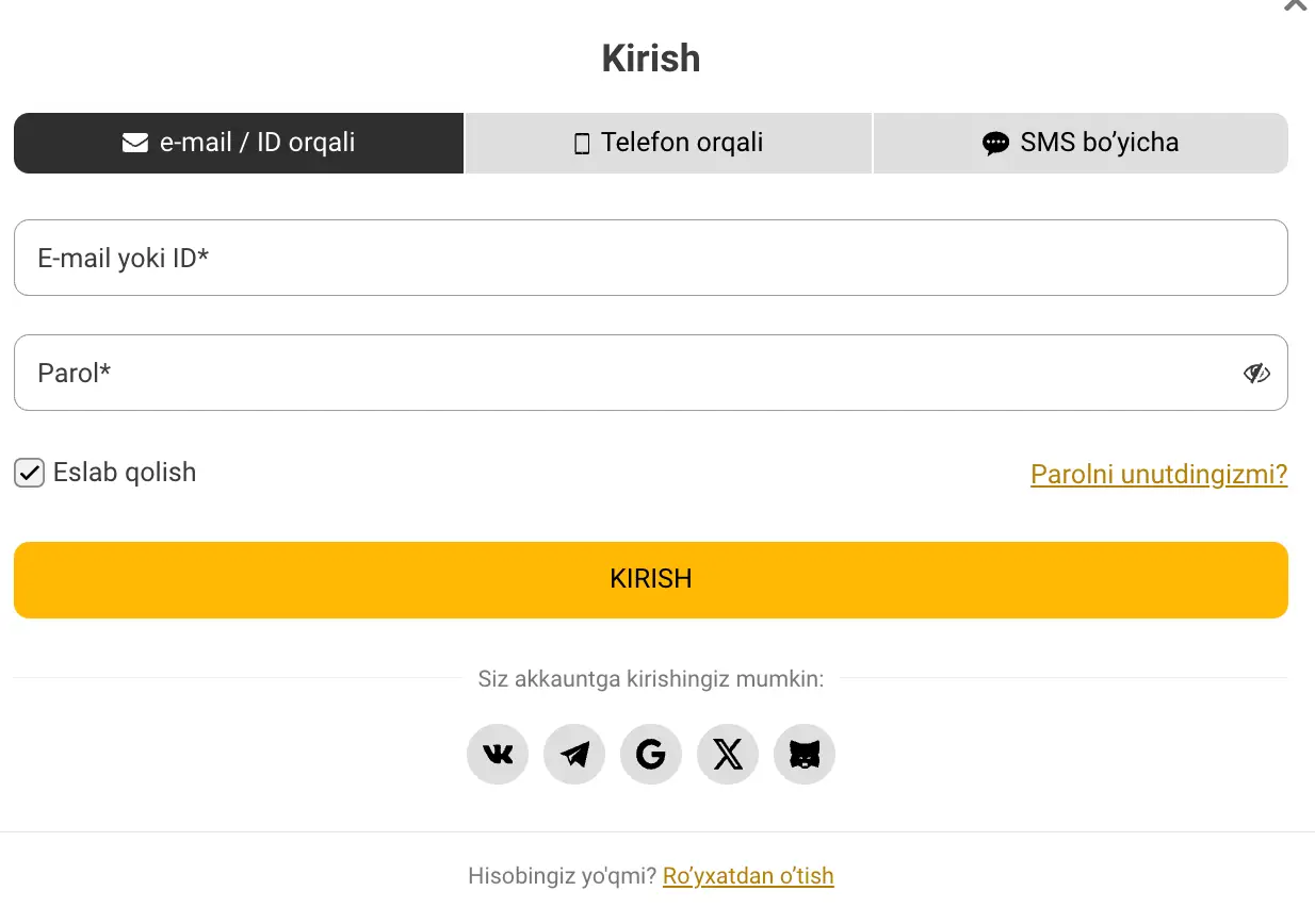 Melbet kazino O‘zbekiston tizimga kirish shakli skrinsheoti — email, telefon raqami, SMS orqali kirish va ijtimoiy tarmoqlar orqali avtorizatsiya qilish imkoniyatlari ko‘rsatilgan.