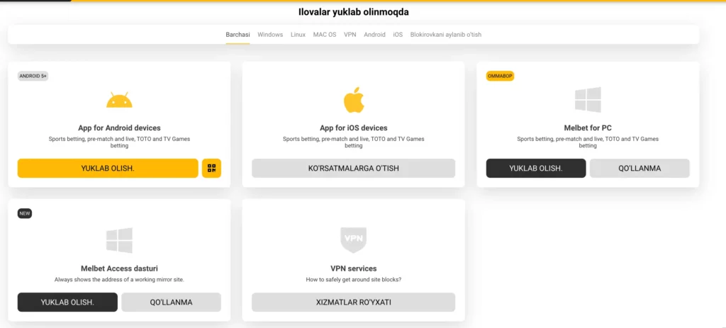 Melbet Casino Oʻzbekiston mobil ilovasi interfeysi — Android, iOS va PWA foydalanuvchilari uchun mahalliy tilda.
