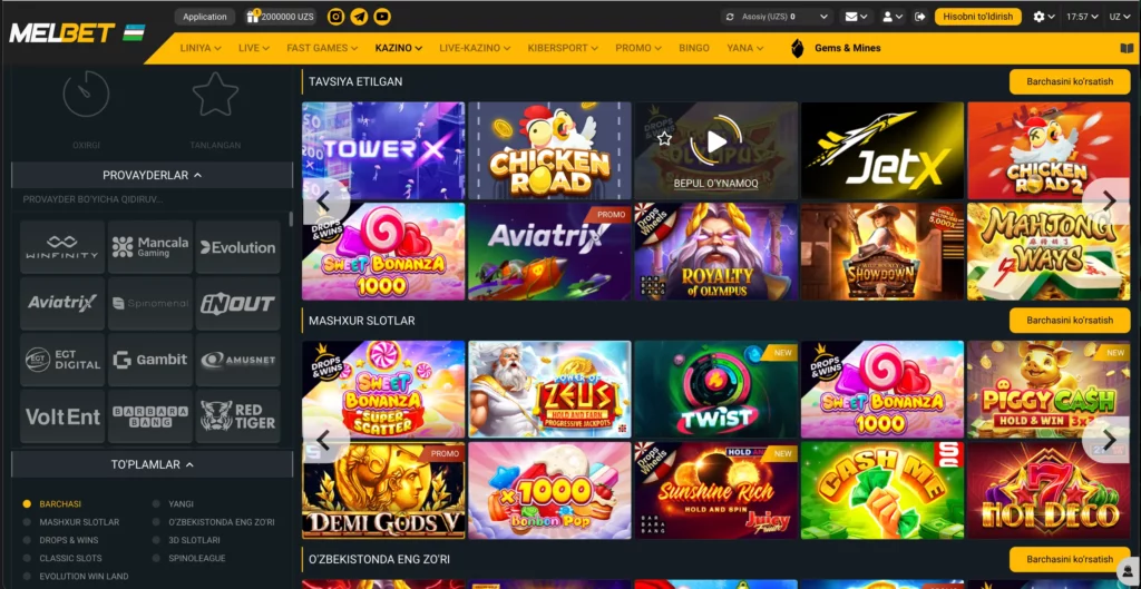 Melbet kazino O‘zbekiston lobbisi — jonli kazino, slotlar, crash o‘yinlar va demo versiyalar mahalliy tilda mavjud.