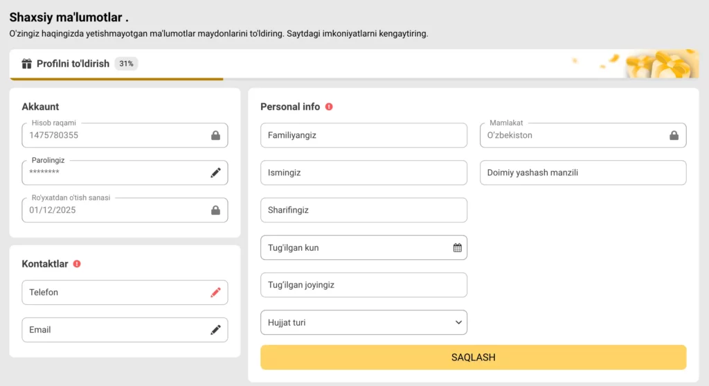 Melbet Uzbekistan KYC verifikatsiyasi va ID yuklash uchun shaxsiy ma’lumotlar sahifasi skrinshoti
