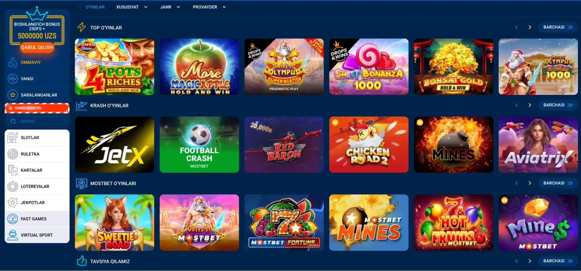 Chap panelda slotlar, ruletka, karta o‘yinlari, crash o‘yinlari va jekpotlar ko‘rsatilgan Mostbet Casino o‘yinlar lobbiysi skrinshoti
