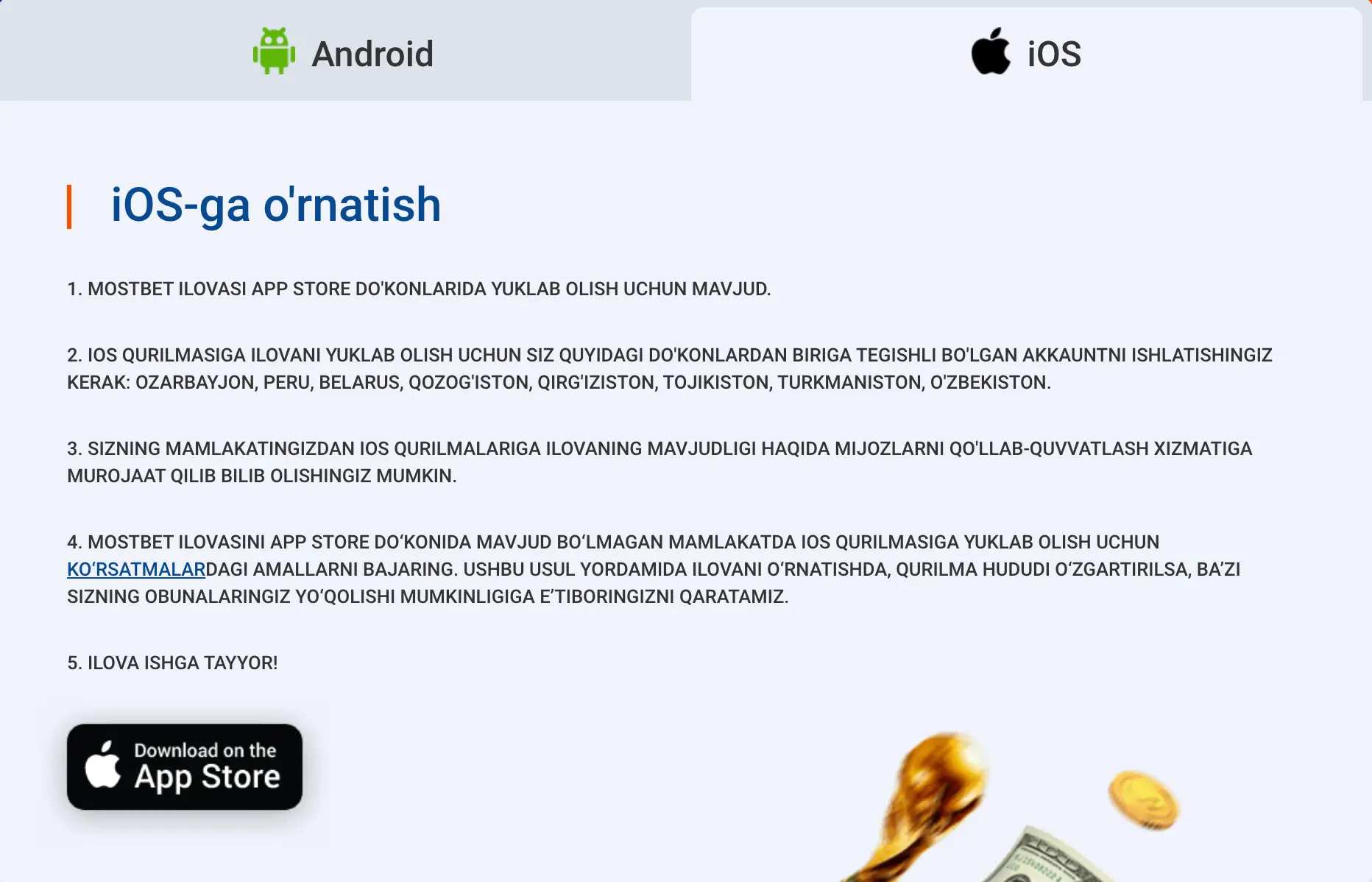MostBet iPhone ilovasini yuklab olish bo‘yicha o‘zbek tilidagi yo‘riqnoma va mintaqa tanlash va App Store sahifasi keltirilgan.