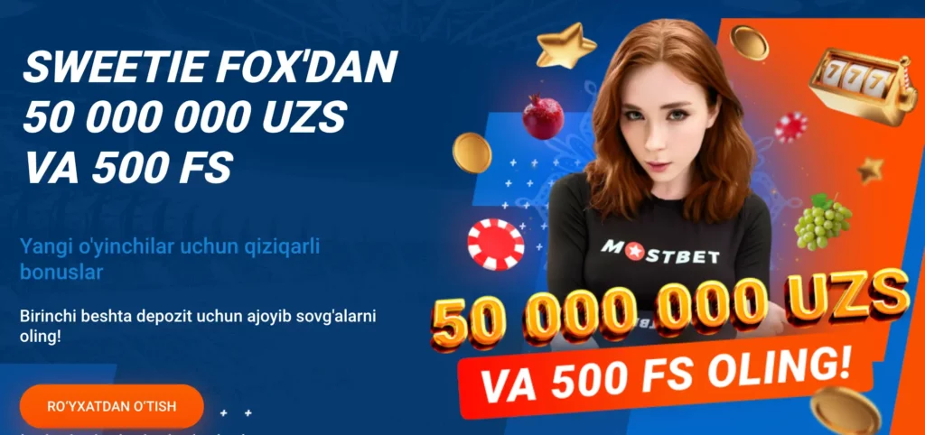 MostBet xush kelibsiz bonusi — depozit moslanishi va bepul aylanishlar tasvirlangan o‘zbek tilidagi sahifa.
