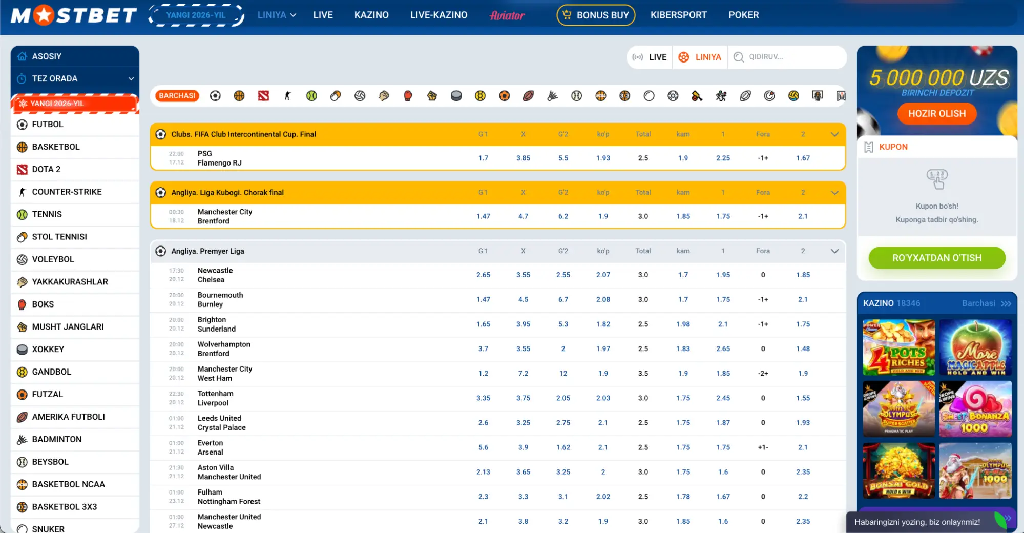 Har bir voqea yonida koeffitsientlar ko‘rsatilgan Mostbet Uzbekistan sport tikish bo‘limi skrinshoti