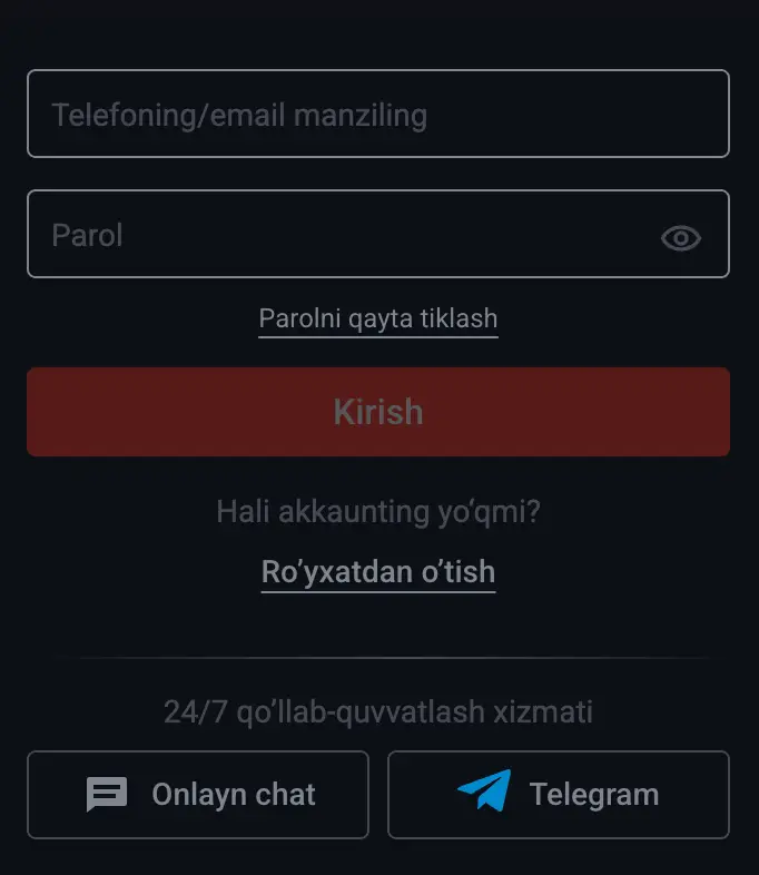 O‘zbekiston o‘yinchilari uchun telefon raqami va email orqali kirish variantlari ko‘rsatilgan Pin-Up Kazino login formasining skrinshoti. 