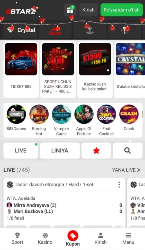 O‘zbekistonlik Android va iOS o‘yinchilari uchun 888Starz kazino mobil versiyasi interfeysi