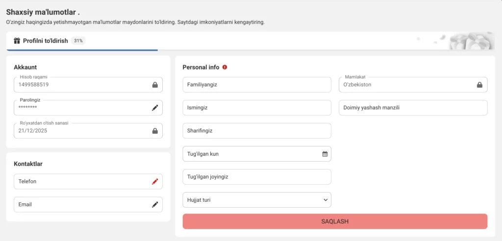 O‘zbek tilidagi MegaPari Casino KYC tasdiqlash formasi skrinshoti, unda talab qilinadigan shaxsiy ma’lumotlar ko‘rsatilgan