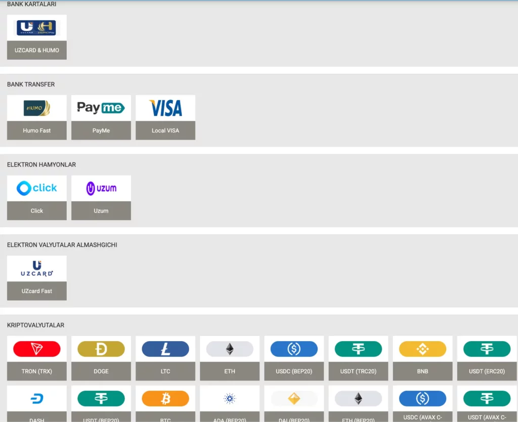 Скриншот способов пополнения счёта и лимитов на MegaPari Узбекистан.
