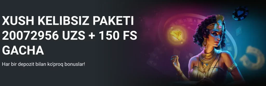 Приветственный бонус казино MegaPari в размере 200% на сумму до 20 072 956 сумов + 150 бесплатных вращений.