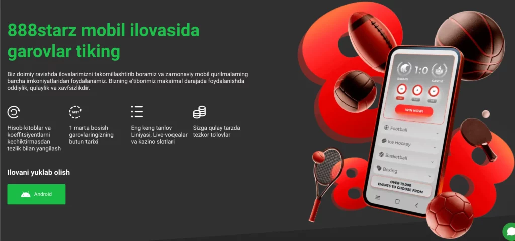 888Starz Uzbekistan Casino da Android apk yuklab olish ekrani.