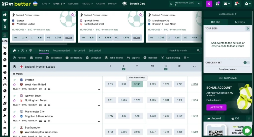 Jonli tikishlar, match-treker va koeffitsiyentlar interfeysi ko‘rsatilgan Spinbetter O‘zbekiston bukmeker sahifasining skrinshoti