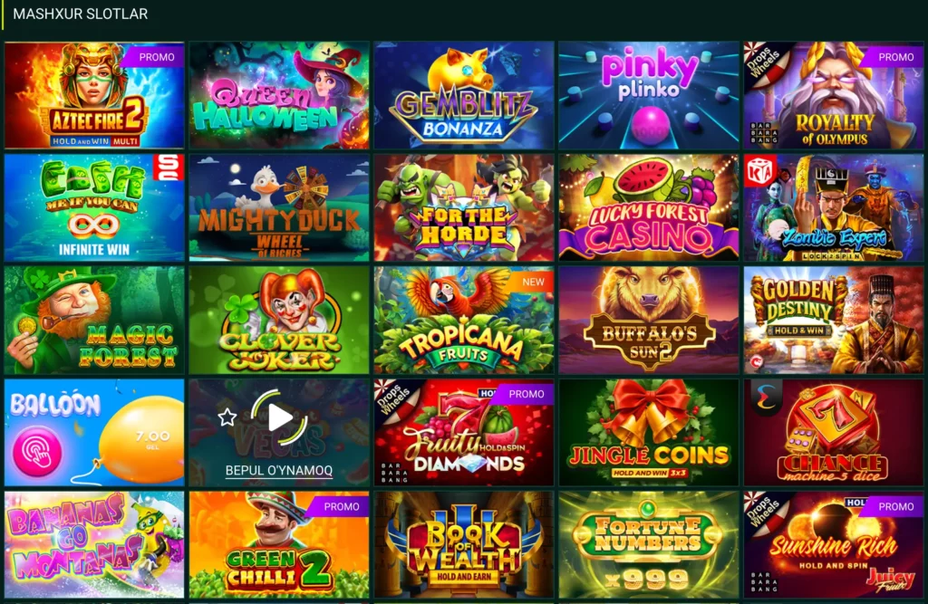 O‘zbek tilida slotlar, crash o‘yinlari va jonli stol o‘yinlari ko‘rsatilgan Spinbetter Casino lobbi sahifasining skrinshoti