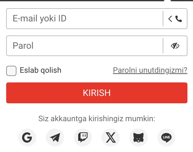 Elektron pochta, telefon va ijtimoiy tarmoqlarga kirish imkoniyatlari bilan Kazino O‘zbekiston kirish sahifasi.