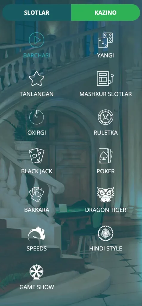 Slotlar, blackjack, ruletka va Aviator crash o‘yinlarini o‘z ichiga olgan Kazino O‘zbekiston o‘yin tanlovi.