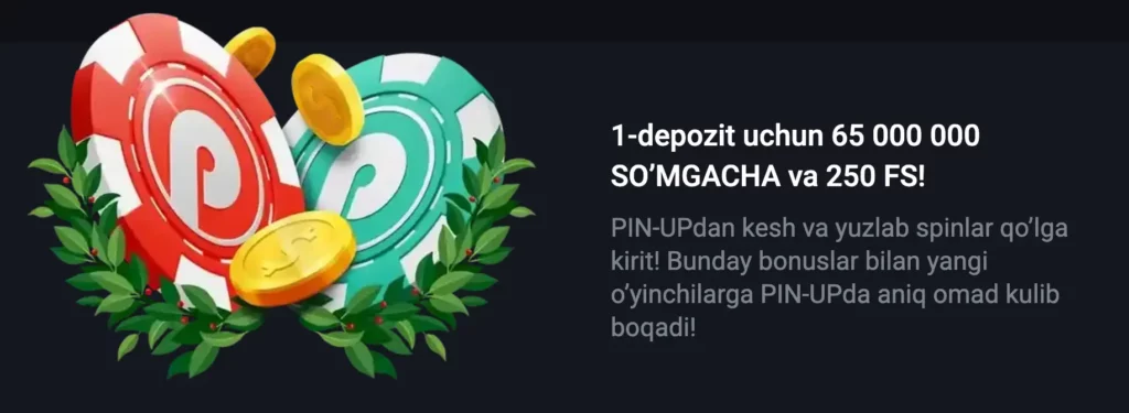 Pin-Up Casino bosh sahifasi, yangi o‘yinchilar uchun 120% xush kelibsiz bonusi va 250 bepul aylanish aks etgan.